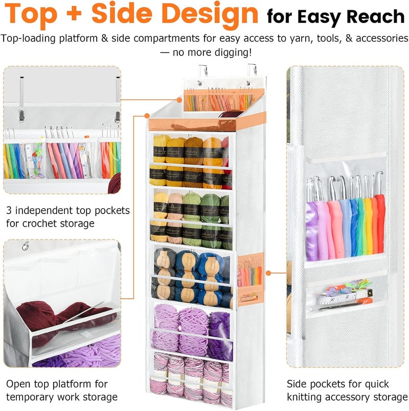 Yncotte Yarn Storage Organizer, Yarn Holder Over the Door Hanging Crochet Kit Storage with 5 Zippered Compartments, Large Capacity Sewing Organizer Gifts for Knitters Needles Storage Crochet Hooks - Image 2
